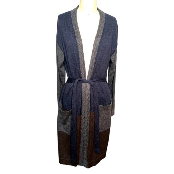 ETCETERA I Navy Brown Colorblock Merino Wool W.Waist Tie Cardigan Sweater I L - Picture 1 of 5